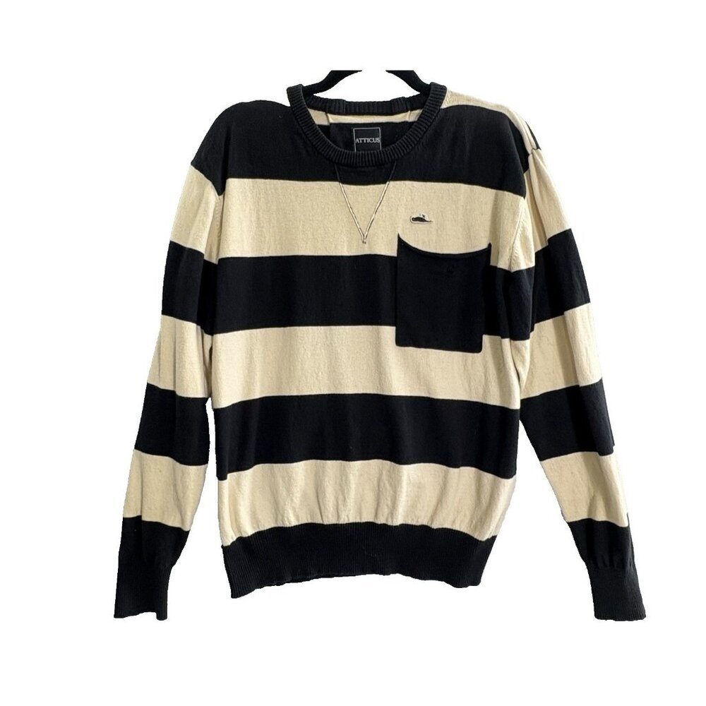 ATTICUS Women‎ Pullover Sweater Crew Neck Striped Pocket Sz L Black Tan 94-8